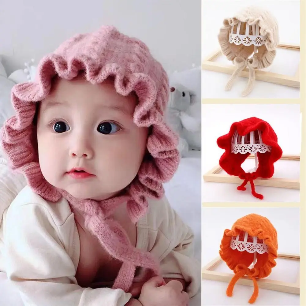 Fashion Autumn and Winter Infant Hat Adjustable Warm Woolen Hat Lace Edge Ear Protection Knitted Hat 0-2Years