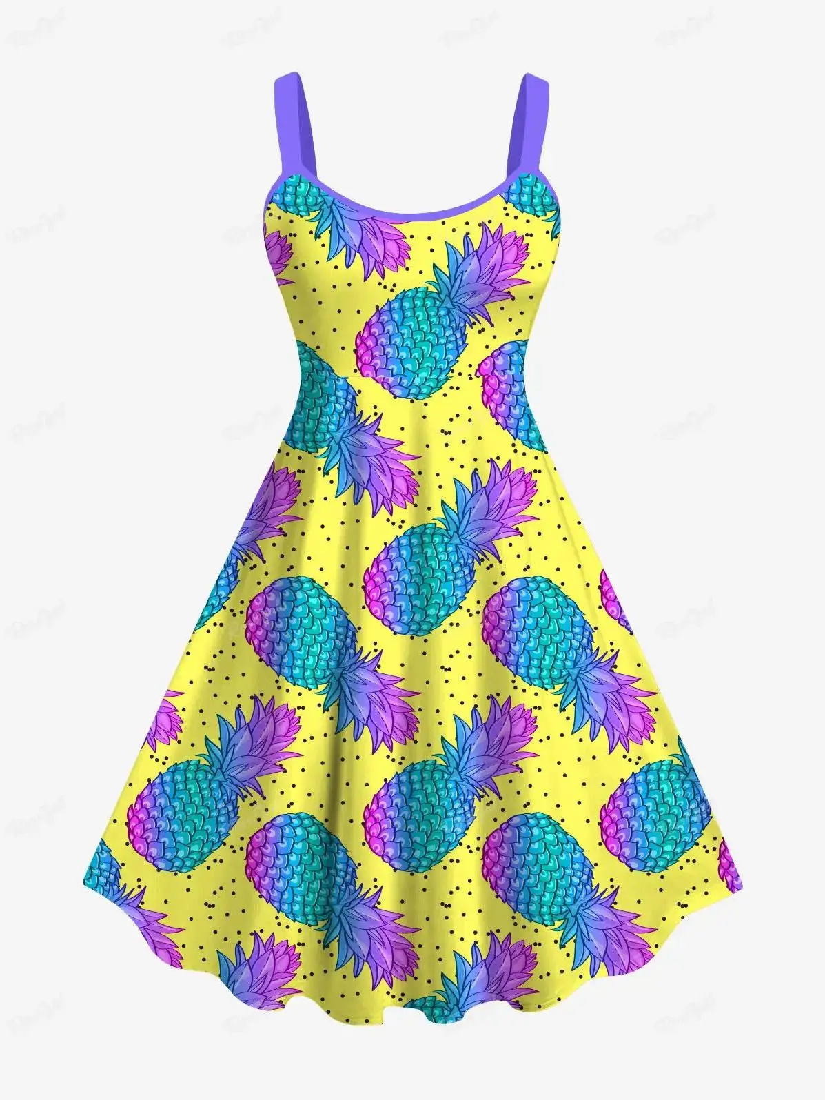 Women's Summer Casual Loose Tank Dress, Women Sleeves, Hawaii Plus Size, 3D Graphic, Pineapple Pin Dot Print, Backless Vestidos