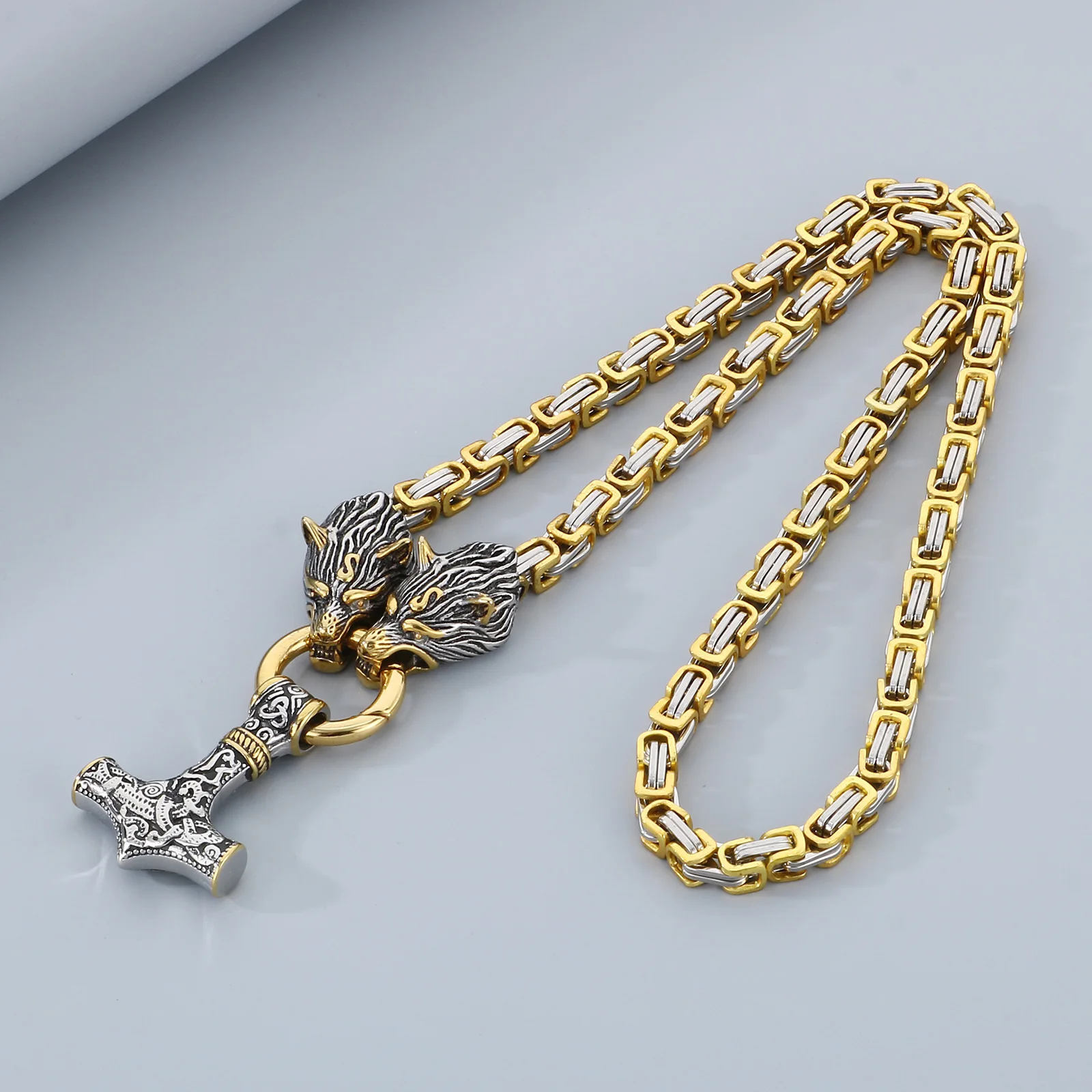 Vintage Stainless Steel Wolf Head Pendant Byzantine Emperor Chain Necklace Norse Viking Amulet Thor Hammer King Jewelry