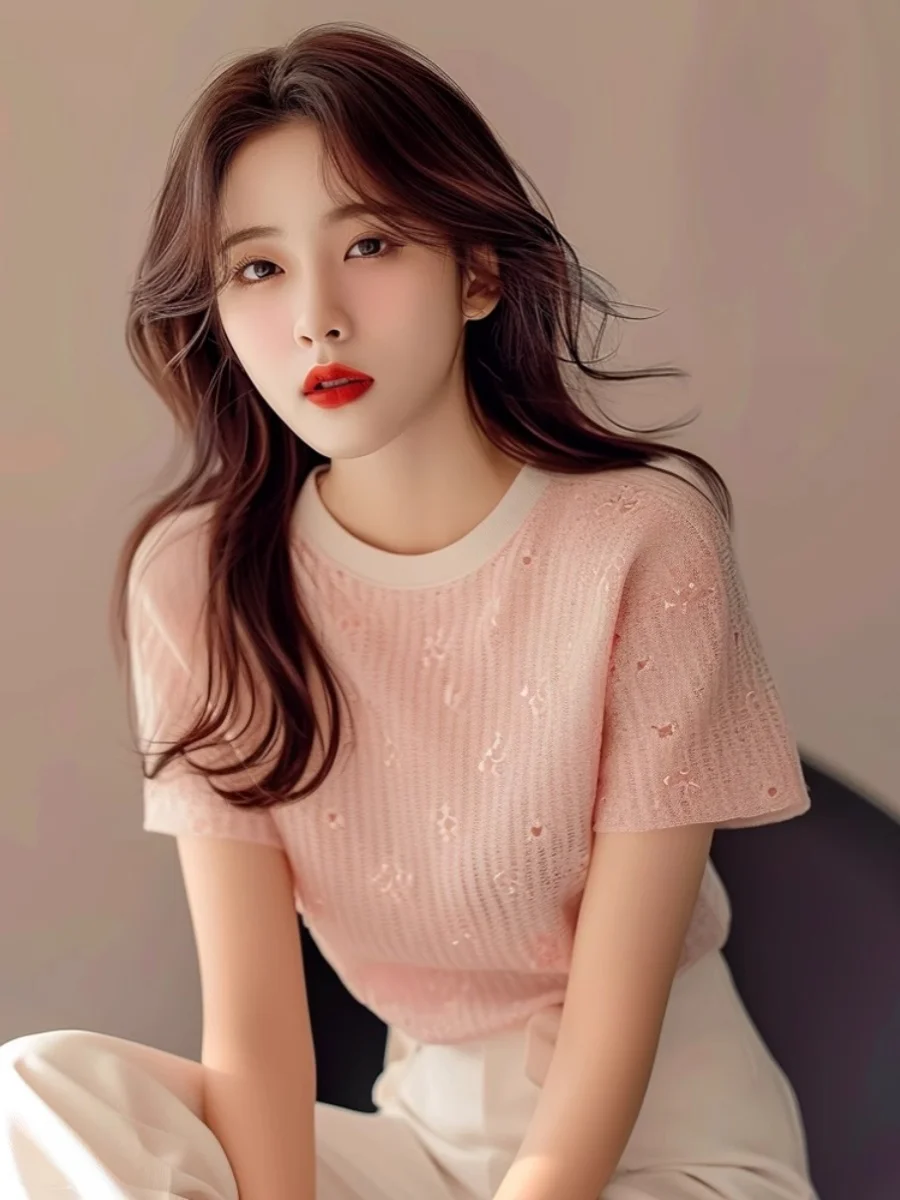 

Pink Knitted ort Sve T-irt Women's Faionable Top Korean Sle round Ne Casual Wear Summer Season Regular Fit