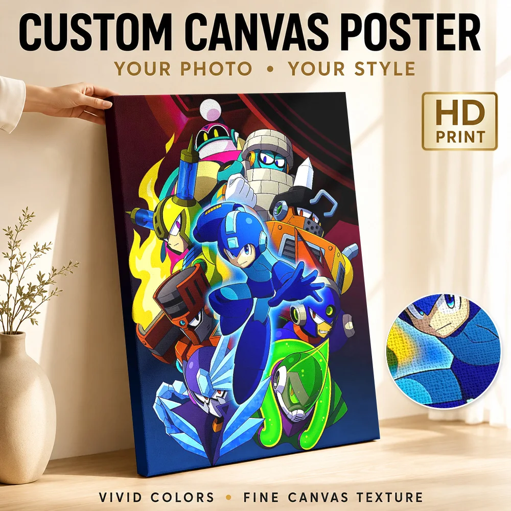 Mega Man And Robot Masters Artwork Canvas Print Posters Bold Style Wall Decor With Personalized Photo For Lounge Ideal Teen Gift