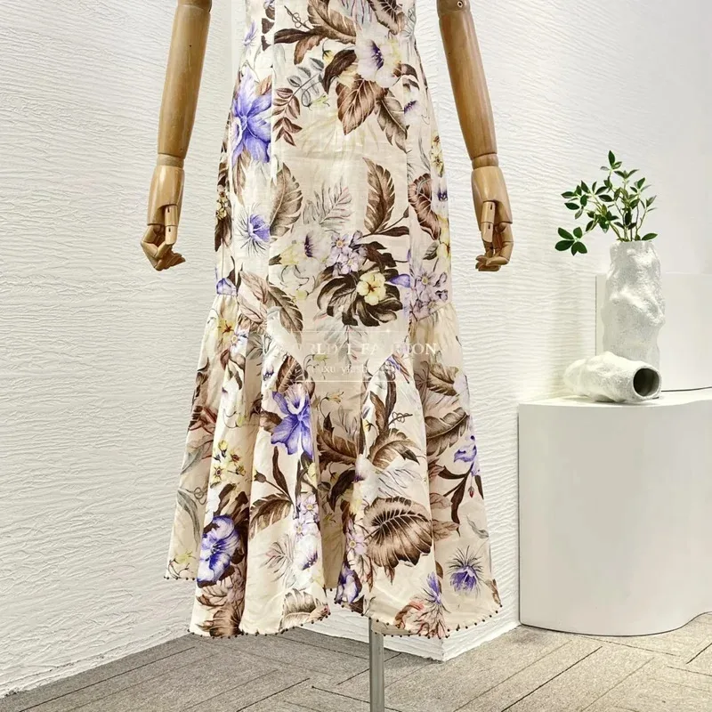 Holiday Beach Style Series Pure Linen 2025 Strapless Floral Print Cut Out Mermaid Women Spaghetti Midi Dress