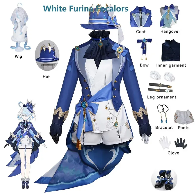 

Furina Cosplay Costume Wig Genshin Impact Fontaine Focalors with Hat Game Figures White Suits Cosplay for Women Outfits