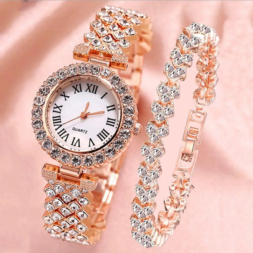 3 Pcs/Set Watch Bracelet Set Shiny Rhinestone Quartz Movement Luxurious Watch Bracelet Set Wrist Watch Bracelet Rhinestone Watch