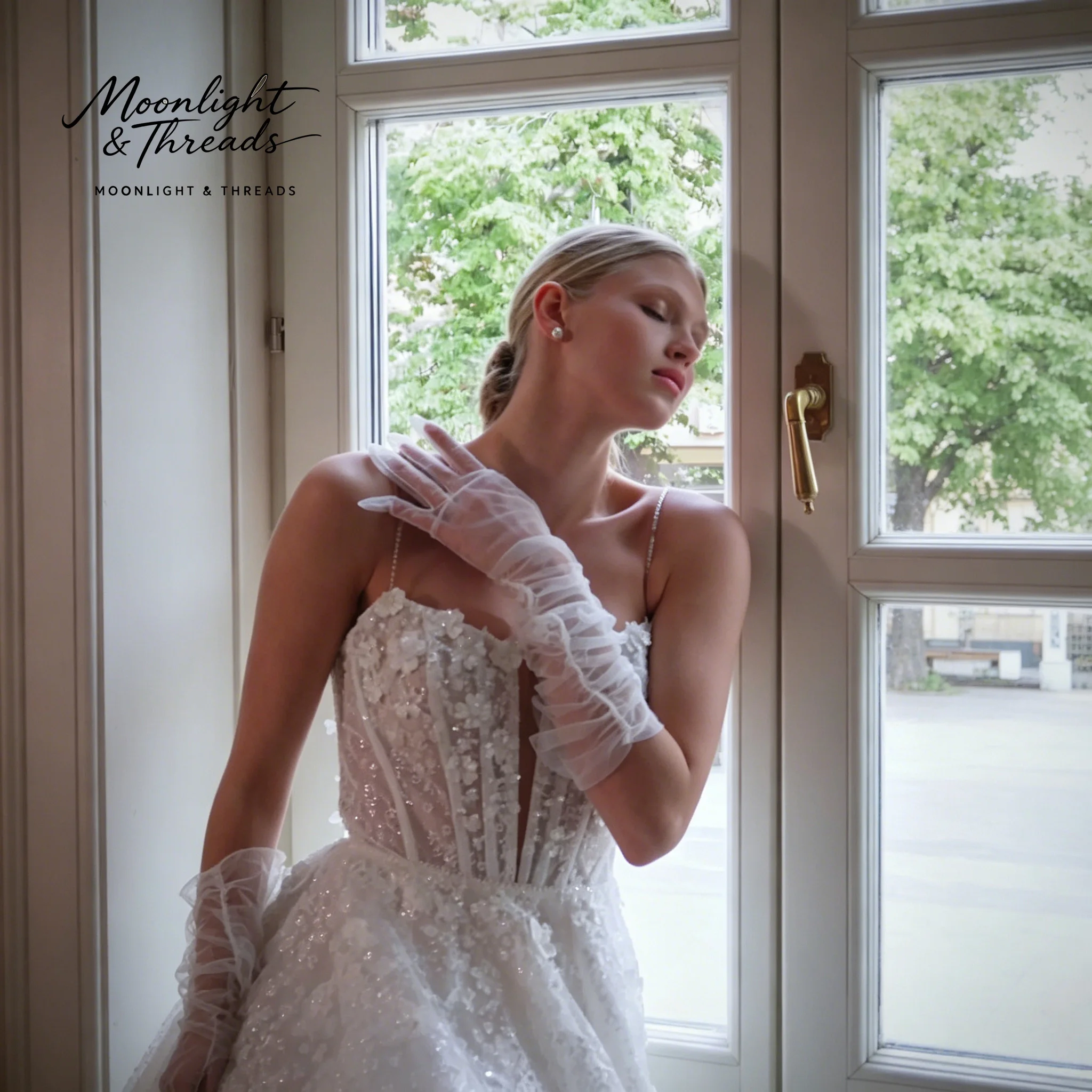 White halter-neck A-line dress floor-length formal occasion wedding gown with delicate French herringbone embroidery