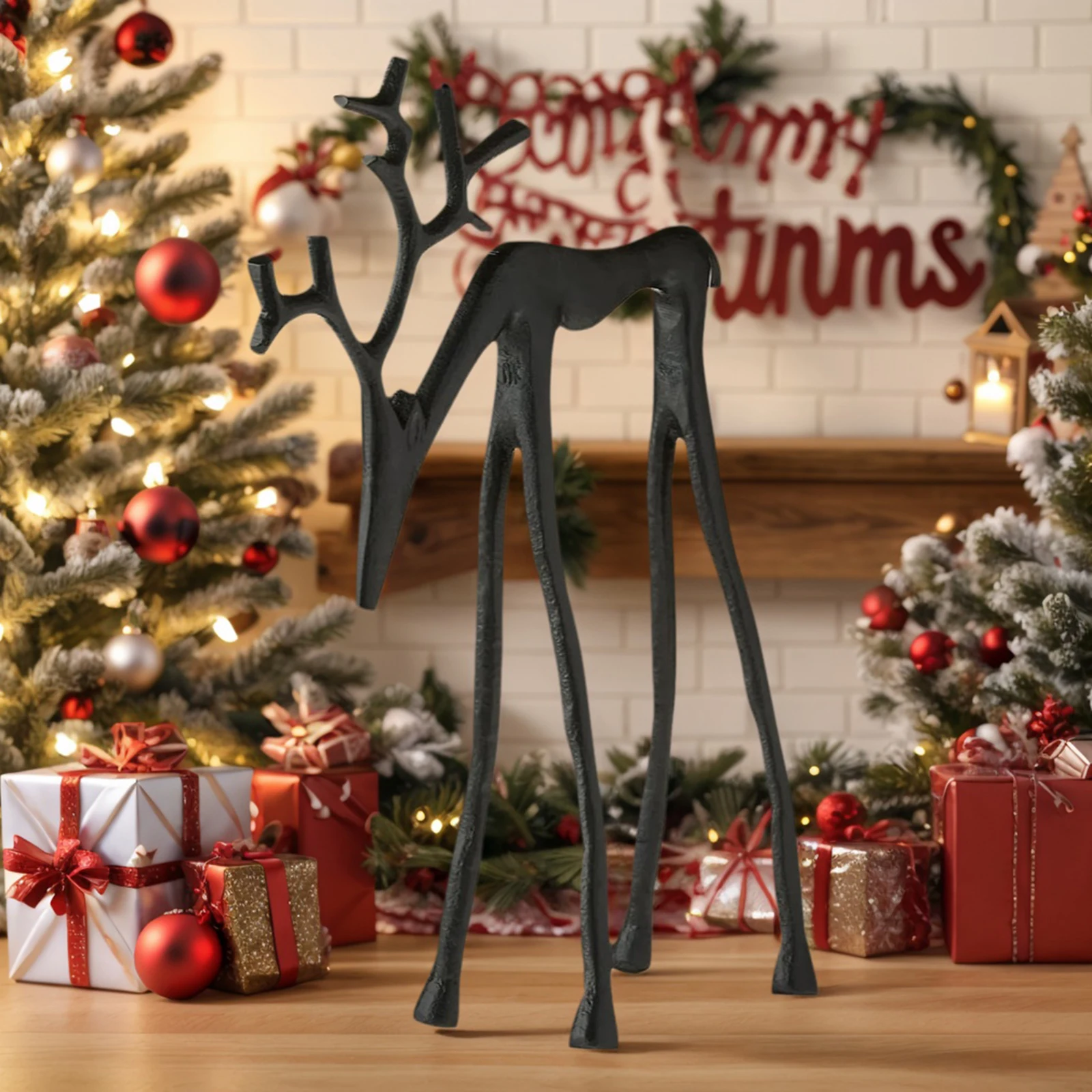 Creative Reindeer Statue Wear Resist Black Finish Modern Statue Reusable Decorative Reindeer Ornament for Xmas Mantel Fireplace