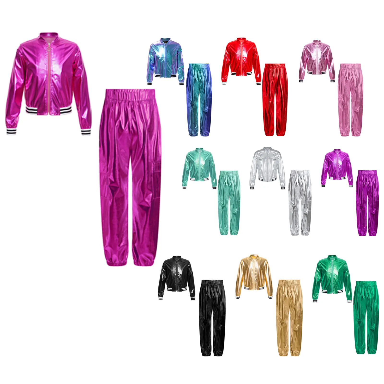 Kids Girls Sports Tracksuit Outfits Carnival Jazz Hip Hop Street Dance Performance Costume Metallic Bomber Jacket Coat Pants Set