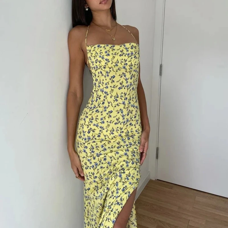 فستان دولزورا هالتر بدون أكمام بدون ظهر وأربطة مطبوع عليه زهور فستان ميدي نسائي مثير أنيق غير رسمي فستان طويل للحفلات والنوادي والشاطئ