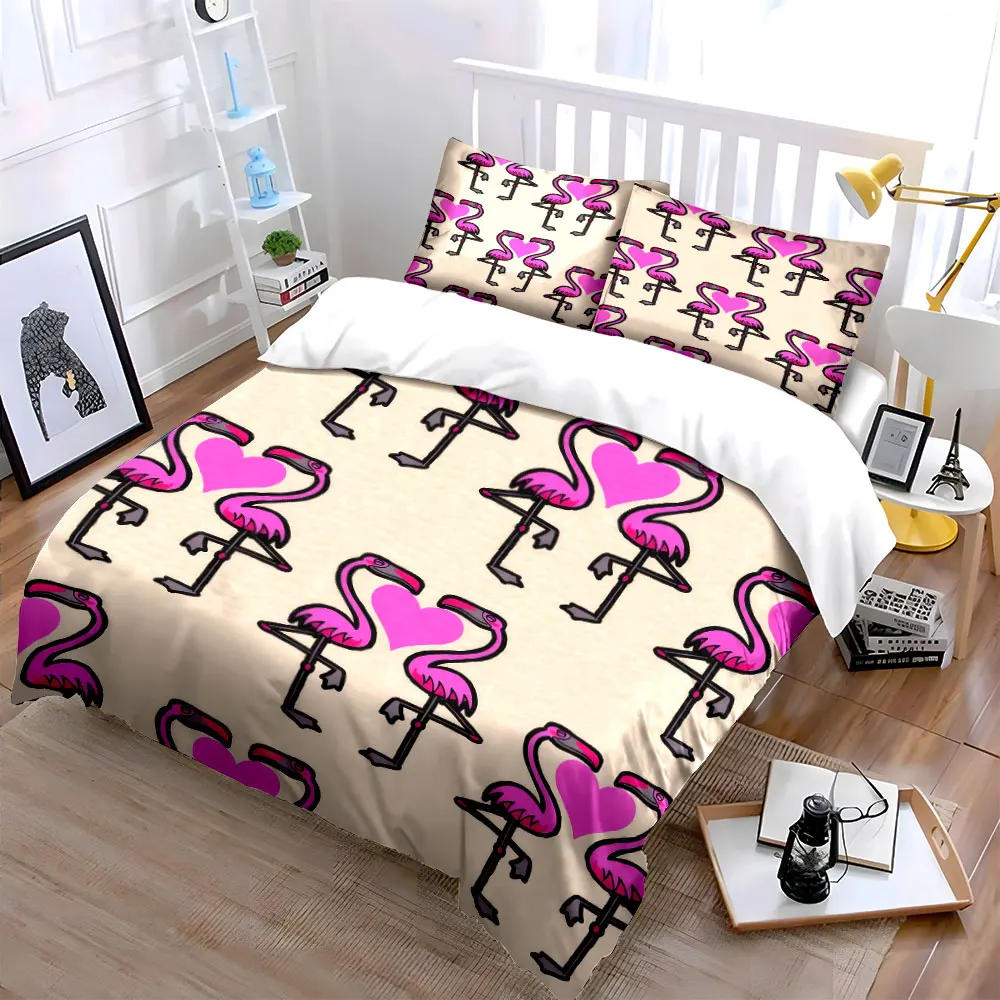Flamingo Heart Pattern Decor Set Soft Skin-Friendly Bedding Set Includes 1 Duvet Cover And 2 Pillowcase, Gift