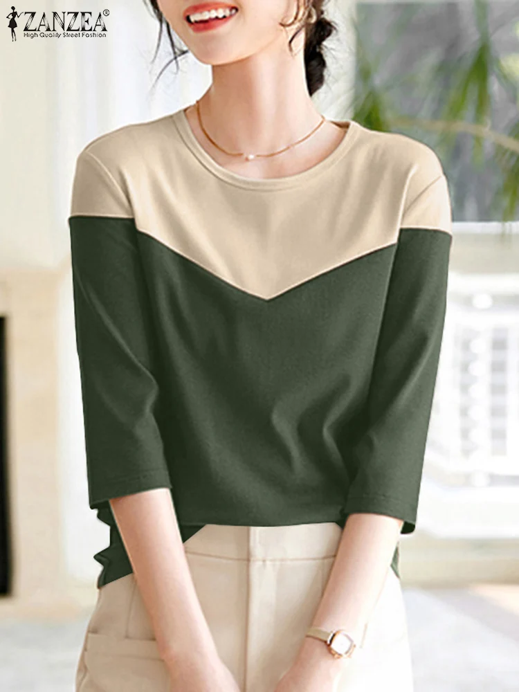 ZANZEA Korean Fahsion Loose Casual Blouses Women O Neck 2024 Fall Color Block T-shirts Elegant Half Sleeve Tees Blusas Mujer