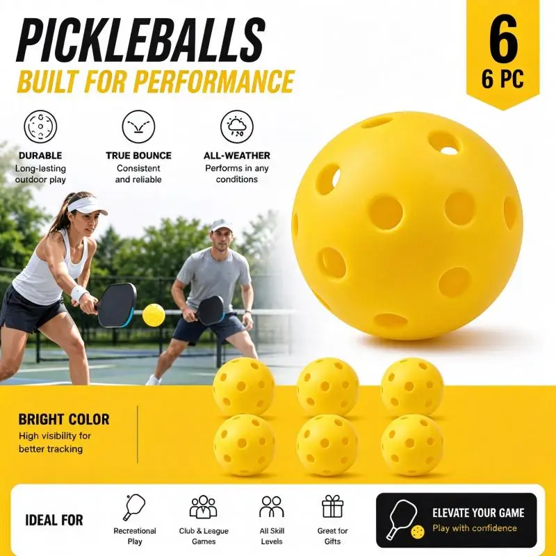 6 Pack 40 Holes Pickleball, Integrally Molded Pickle Balls, High Bounce & High Visibility, Wear Resistant Training Pickleballs,