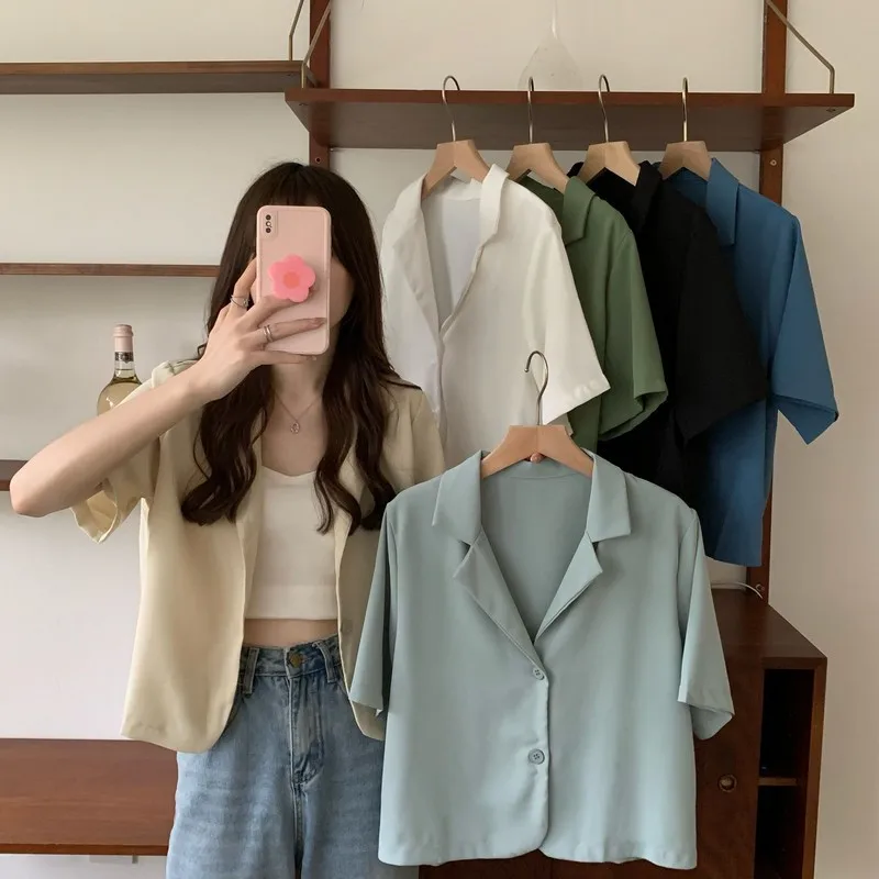 Solid Short Sleeve Suit Jacket Women Loose Casual Style Summer New Fashion Top Classic Collar Commute Women Clothing