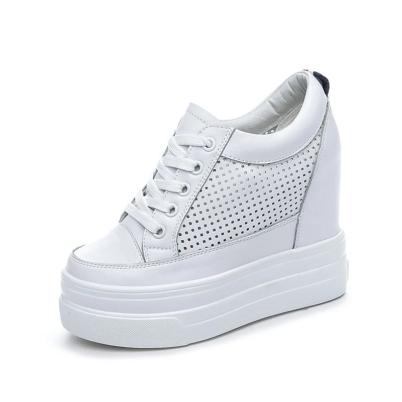 

2025 Genuine Leather Women Breathable Sneakers Increased 11cm Platform Wedge Casual Footwear Leisure Women's Vulcanize Shoes