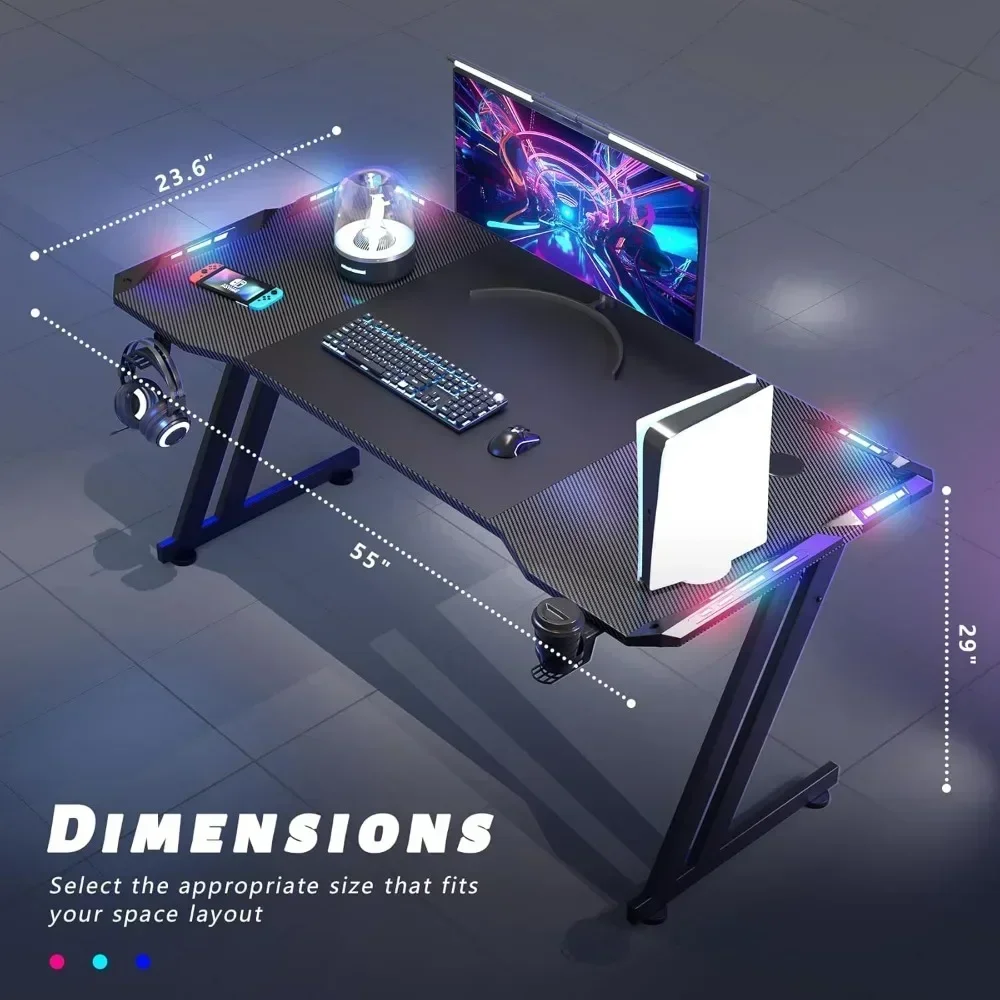 55 Inch Gaming Desk with LED Lights Carbon Fibre Surface Gaming Table Large Computer Desk Ergonomic Home Office Desks