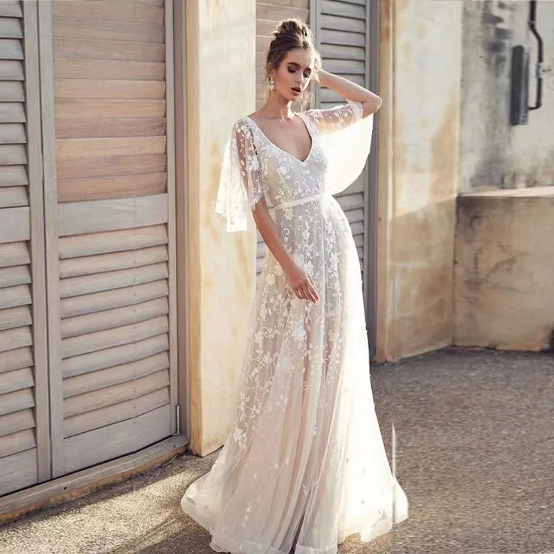 

Lace Emboridery Bridal Dresses A line Half Sleeves South America Style Simple Wedding Dresses For Women Bride Dress