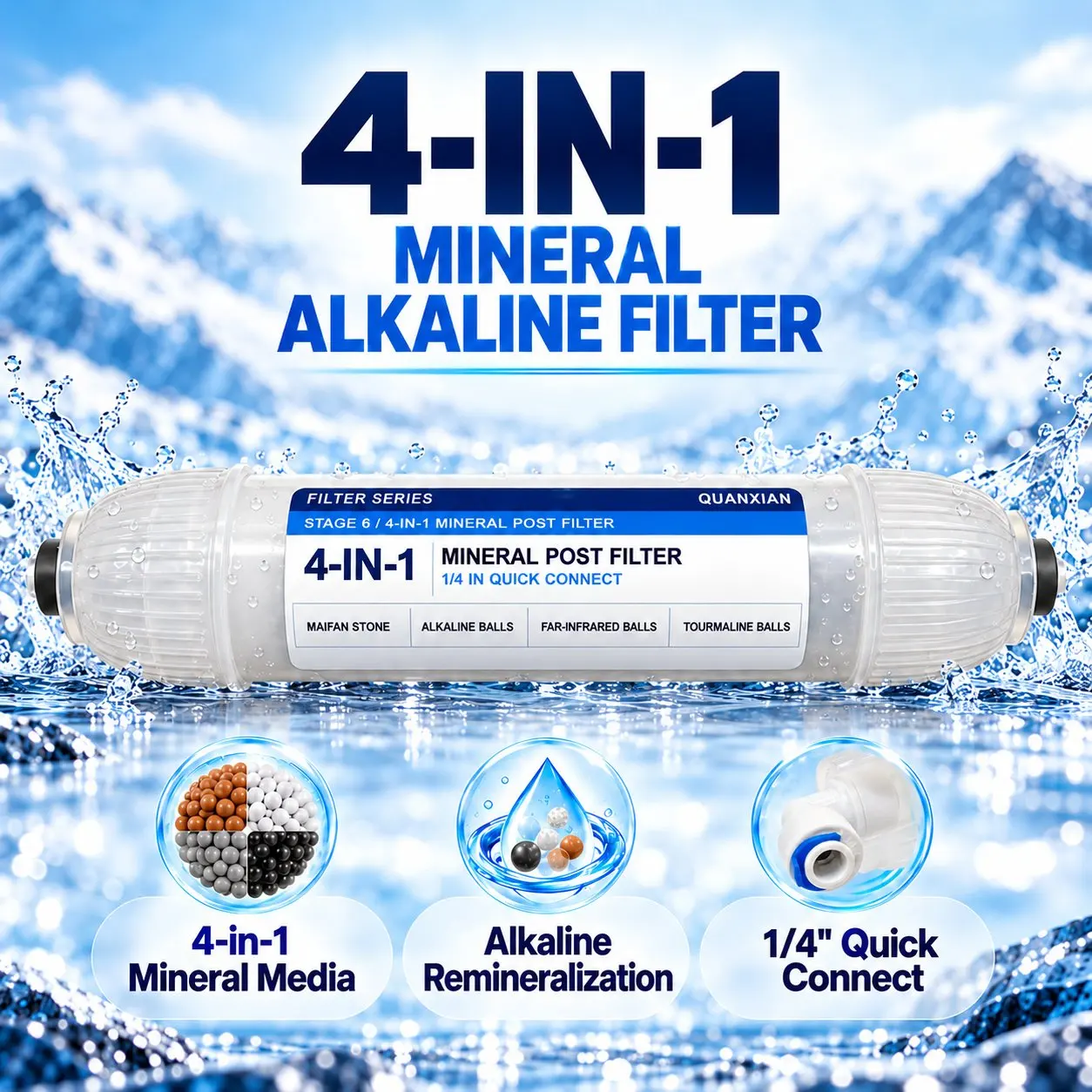 T33 4-in-1 Alkaline Remineralization Water Filter, 1/4