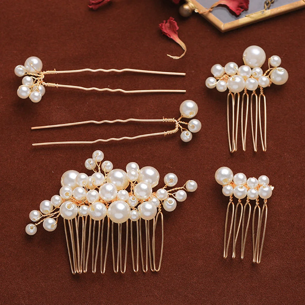 5Pcs Pearl Bridal Hair Comb Set Handmade Bride Headdress U-Shape Hairpins Hair Insert Comb Wedding Party Accessories