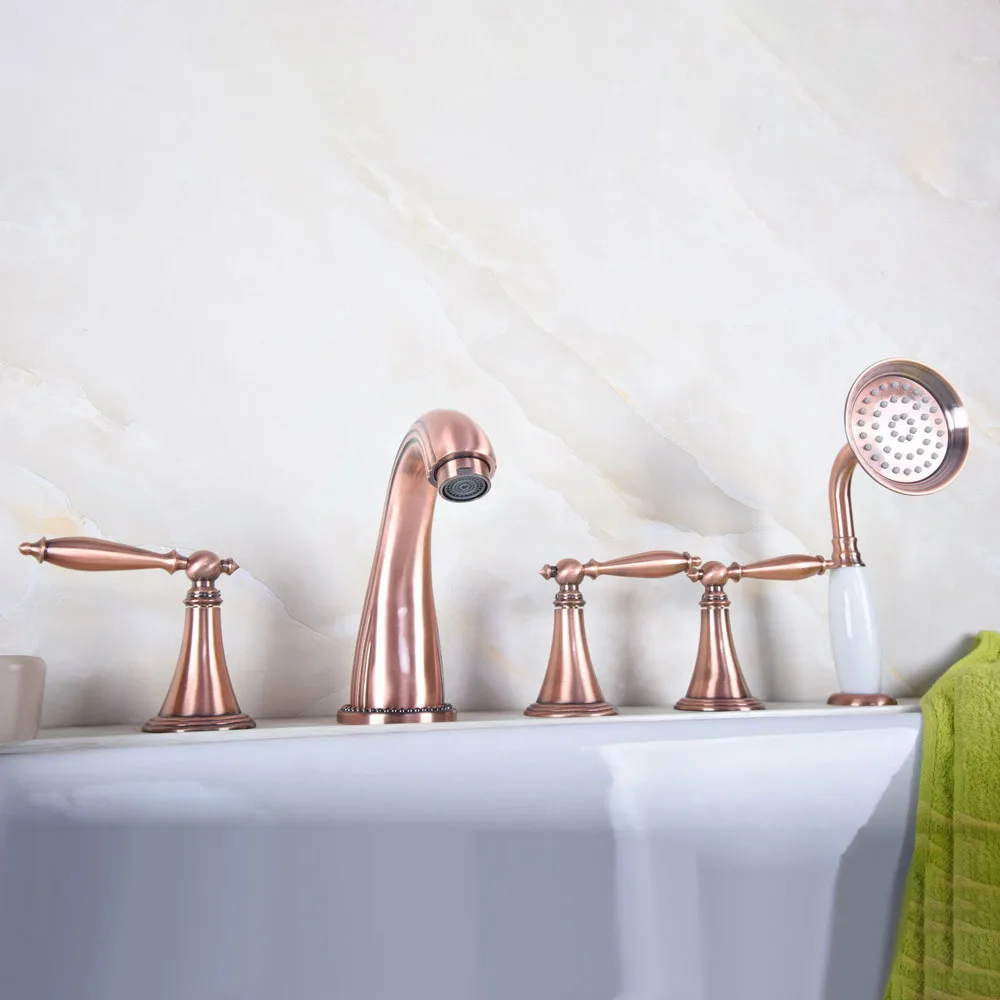 

Antique Red Copper Five Hole Deck Mount Bathroom Tub Faucet Set with Handheld Shower Spray Head Mixer Tap Dtf197