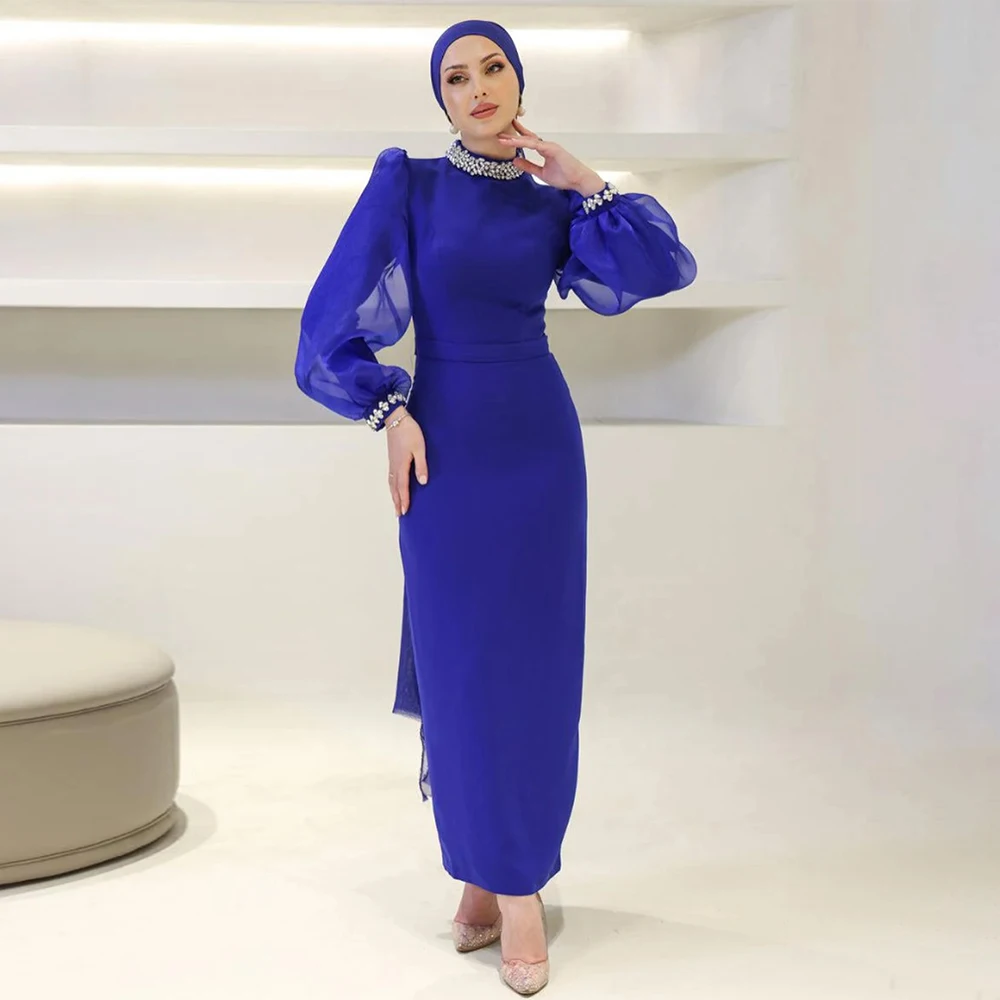 Dark Royal Blue Formal Party Dresses for Women Crystal High Collar Column Evening Gowns Maxi Puffy Full Sleeves 2024 Prom Dress