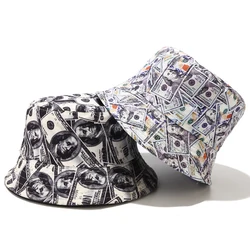 Unisex Dollar Print Double-side Personality Bucket Hats Fishermen Caps Outdoor Casual Cap Sunscreen Hat