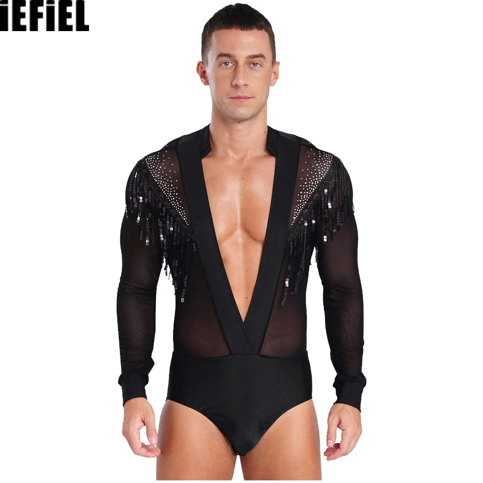 

Mens Deep V-neck Latin Dance Leotard Sheer Mesh Sequined Tassels Rhinestones Bodysuit for Salsa Competition Stage Performance