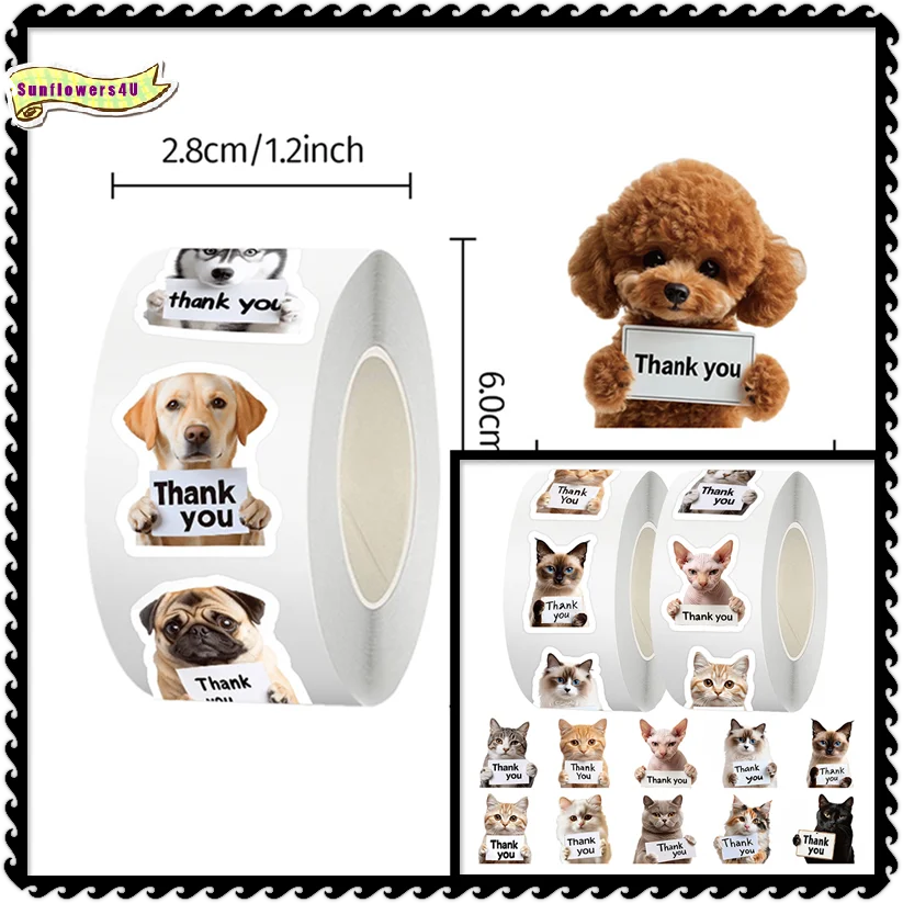 500Pcs Dog Cat Thank You Stickers Roll Cute Puppy Adhesive Labels Tags For Supporting My Small Business Envelope Seals Packing