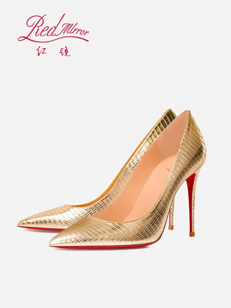 New Red Bottom Lizard Pattern Embossed Gold Pointed Shallow Mouth Fine Heel Sexy Banquet Dress High Heels Single Shoes