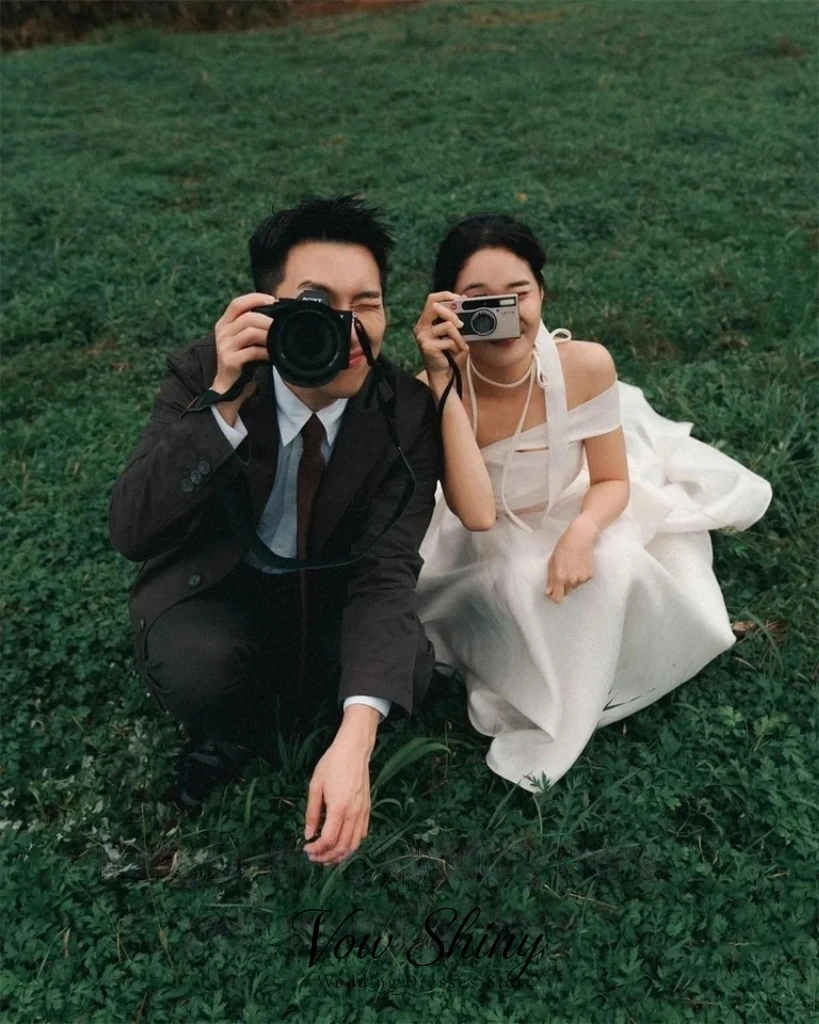 Vow Shiny Elegant One Shoulder Organza Korea Wedding Dress Photo Shoot A-Line Hi-Lo Short Sleeve Garden Bridal Gown Customized