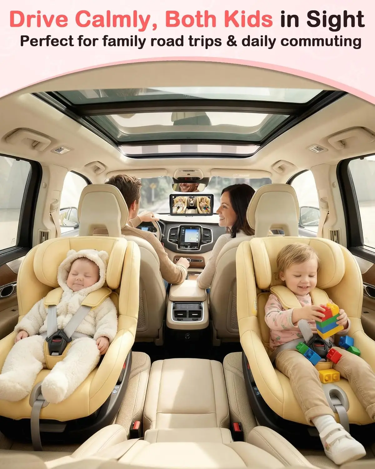6.9 Inch HD Dual Baby Car Camera: Split Screen for 2 Kids, Night Vision, Easy Install