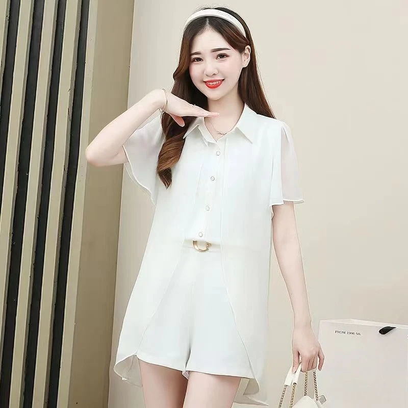 Summer Modern Chinese Style Women's Shorts Set With Fake Two Piece Top Loose Casual Fashion Slimming Solid Color Complete Outfit