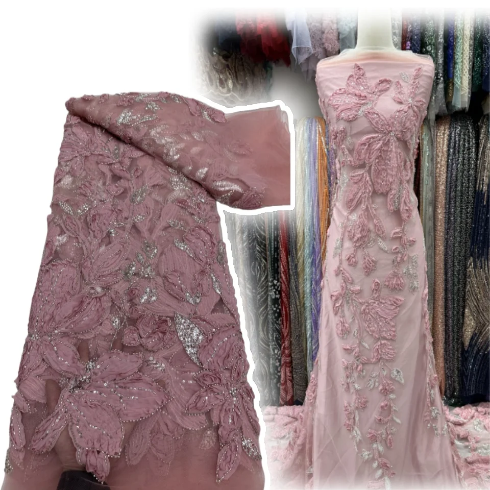 

Elegant French Mesh Beads Embroidery Sequins Lace Fabric African Nigerian Beaded Tulle Lace Fabrics For Wedding Dresses SZ1151