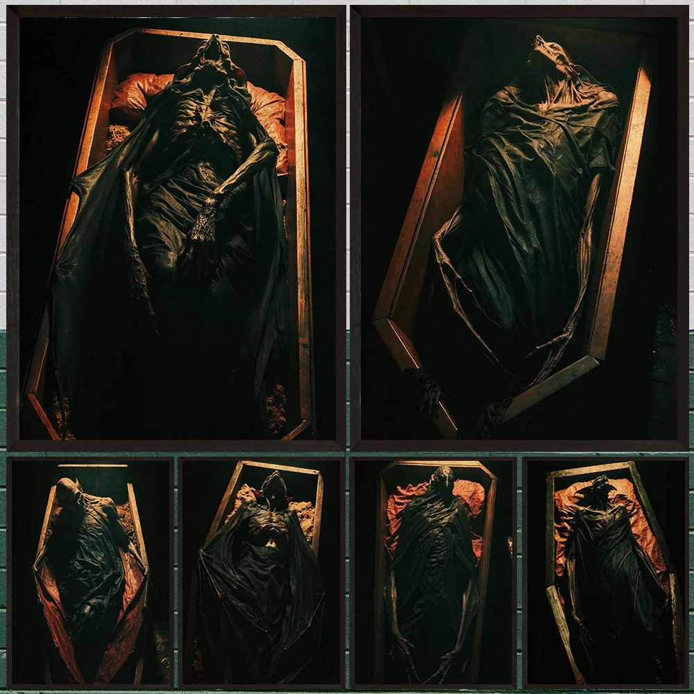 Vampire Demon Awakening In The Coffin,Vintage Wall Art Canvas Painting,Creepy Bat Monster Horror Art Poster Print Home Decor