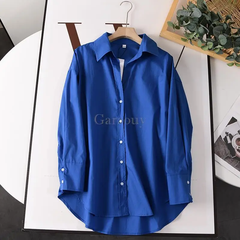 Garaouy 2023 Summer V-neck Poplin Shirt Women Simple Solid Loose Blouse Office Lady Casual Versatile Blusas Tops Cardigan Female