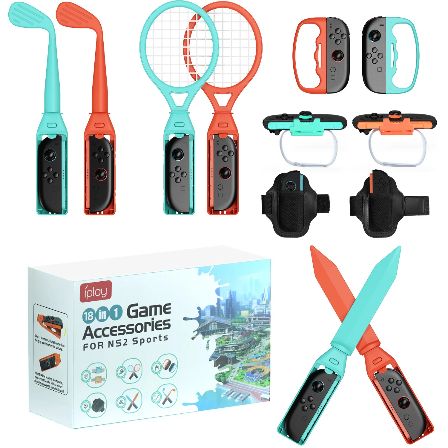 

18 in 1 Sports Accessories Bundle for NS Switch 2, Golf Clubs Tennis Rackets Swords Grips Straps Kit for Joy-Con