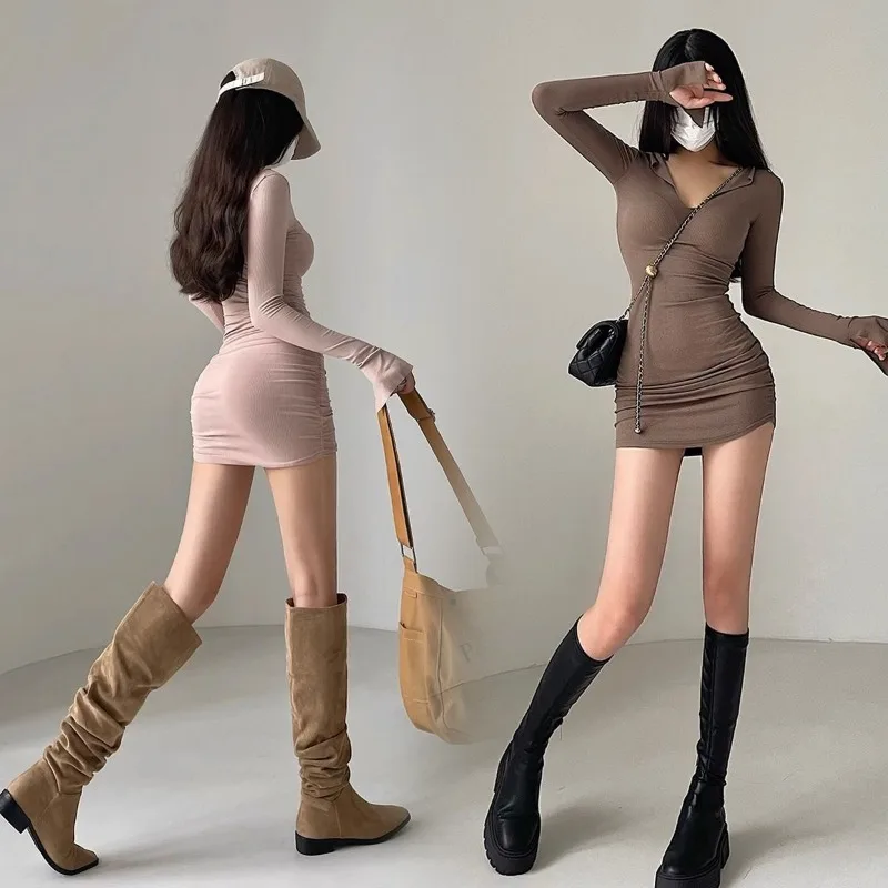 

Pure Desire V-neck Tight Fold Long Sleeve Dress Spicy Girl Korean Casual Sports Dress Female Ins Hip Wrapped Short Skirt Purple;