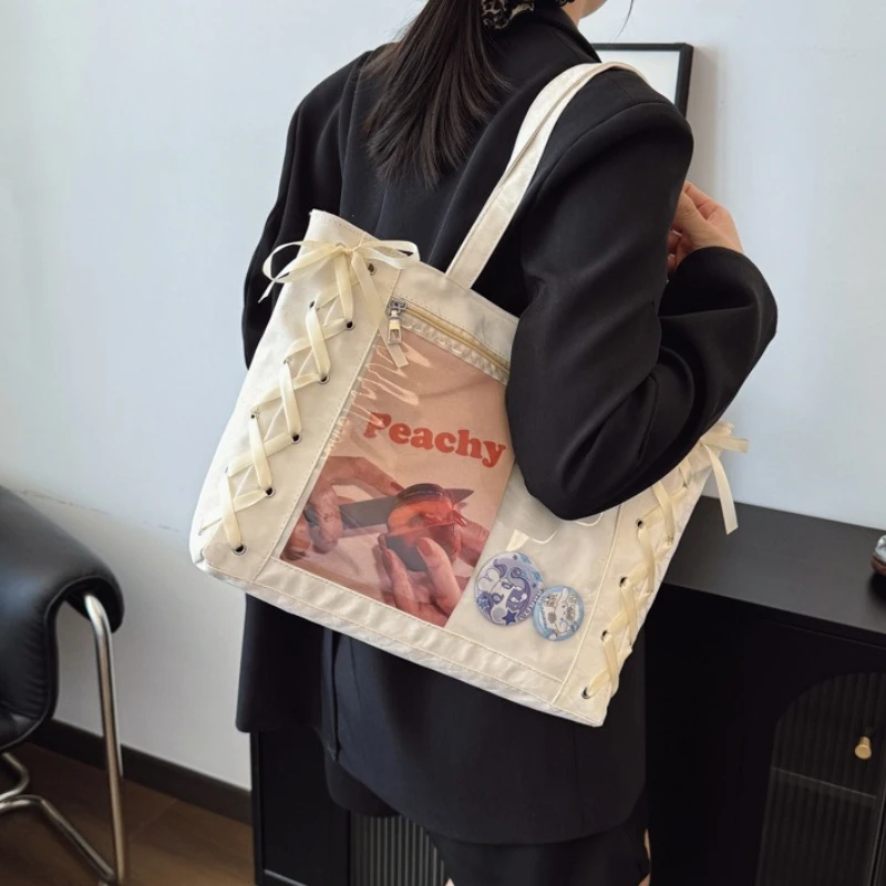 Japanese Sweet Women Ribbon Ita Bag Fashion Large Capacity Tote Bag Aesthetic Shoulder Bag Cute Lolita Girl Transparent Handbags