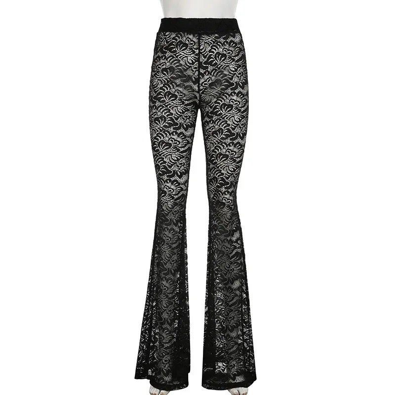 

Sexy Lace Perspective High Waist Spicy Girl Personalized Elastic Waist Flare Pants