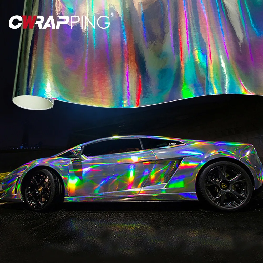 30*100cm Silver Laser Chrome Plating Vinyl Holographic Auto Car Wrap Film Rainbow Car Body Decoration Chrome Sticker Sheet Decal