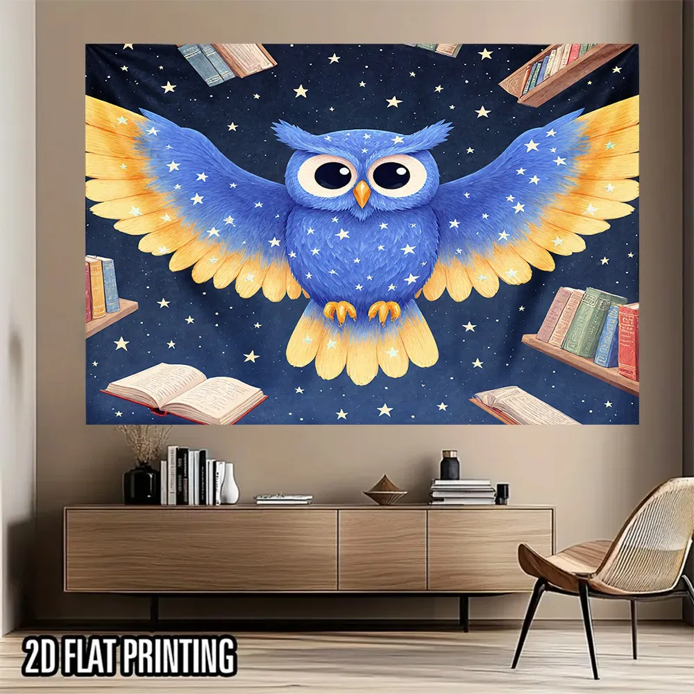 Whimsical Blue Owl In Space With Stars Open Books And Shelves Wall Decor Art Print For Children's Room Education Theme
