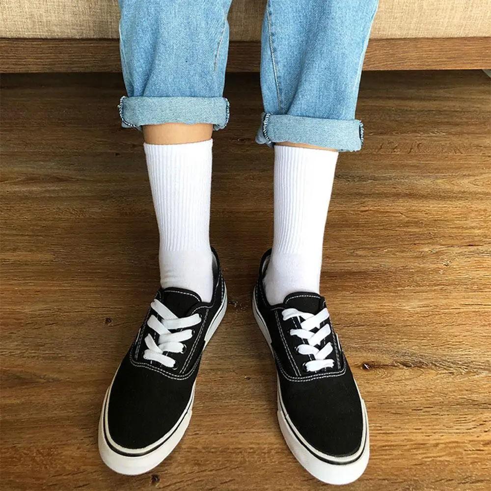 5 Pairs Women White Socks Cotton Harajuku Korean Style Socks For Girl And Boys School Middle Tube Socks