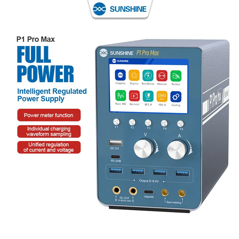 SUNSHINE P1 Pro MAX alimentatore regolato intelligente utilizzato per la saldatura a punti della batteria Burn-in, avvio della batteria, ricarica rapida QC