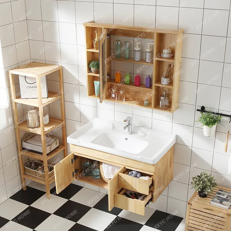 LFloor-to-ceiling oak bathroom cabinet  solid wood bathroom cabinet Toilet washbasin