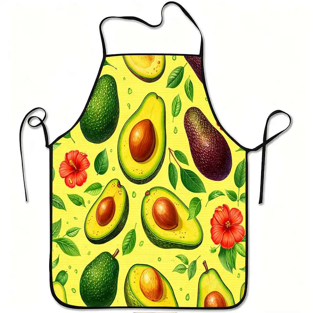 1pc Apron Featuring a Design of Avocado Tropical Leaves And Red Flowers, Made from Durable And Easy-To-Clean Polyester, with an