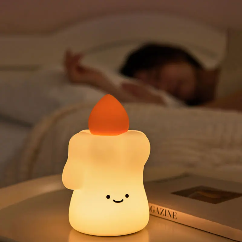 Adorable Candle-Shaped Silicone Night Light USB Rechargeable Soft Glow Lamp Touch Dimming Bedside Lamp for Kids Baby Nursery