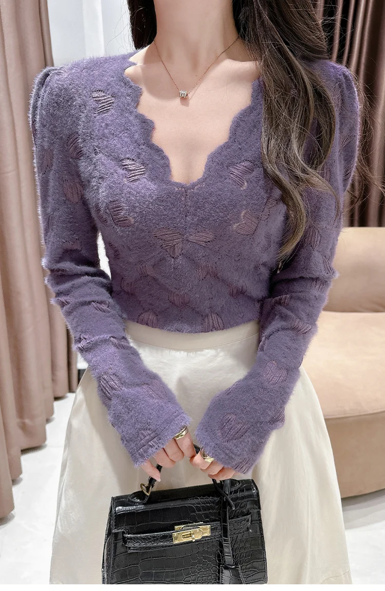 Camicetta in pizzo con scollo a V da donna 2025, top termico viola slim fit, camicia lingerie sexy taglio basso, top basic eleganti per l'autunno inverno