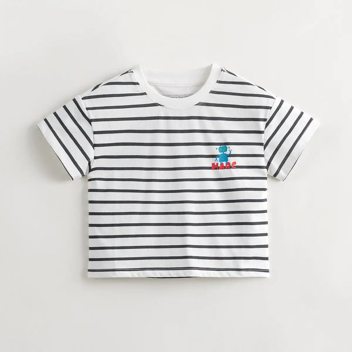 

MARC&JANIE Boys Robot Striped Short Sleeve T-Shirt Kids Loose Cotton Top for Summer 240531