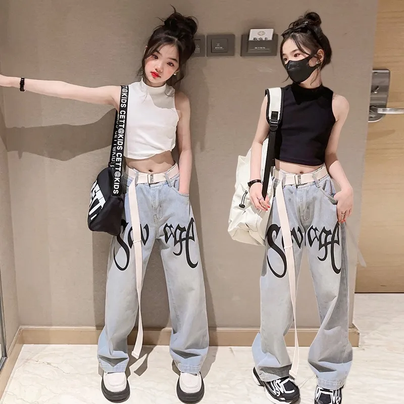 

Girls' High Waisted Style Jeans 2024 Hong Kong Style Letter Printed Casual Loose Wide Leg Hanging Pants