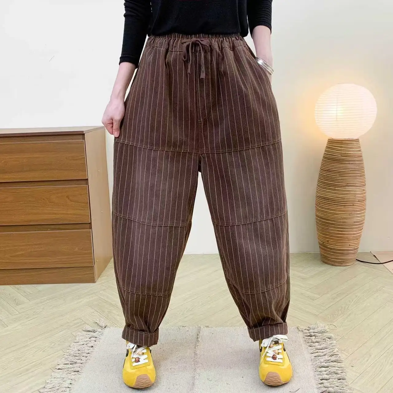 

Vintage Stripe Jeans Spring Elastic Waistline Women Pants Loose Harem Jeans For Women
