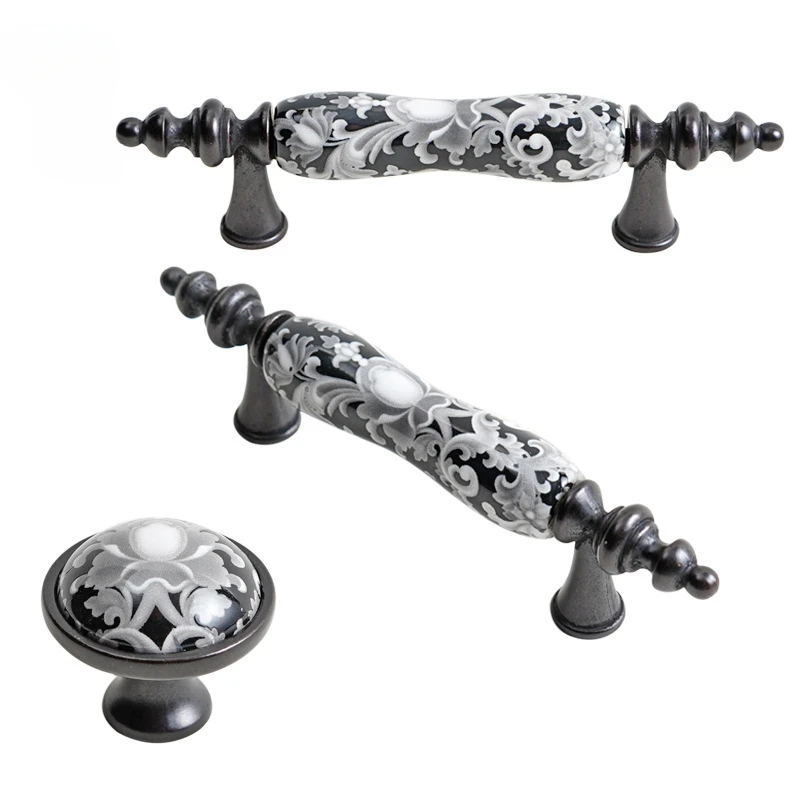 Ceramic Handle Black Flower Bronze Ceramic Knob Handles Door Handles Drawer Pull Rustic Kitchen Cabinet Handle Furniture Decor