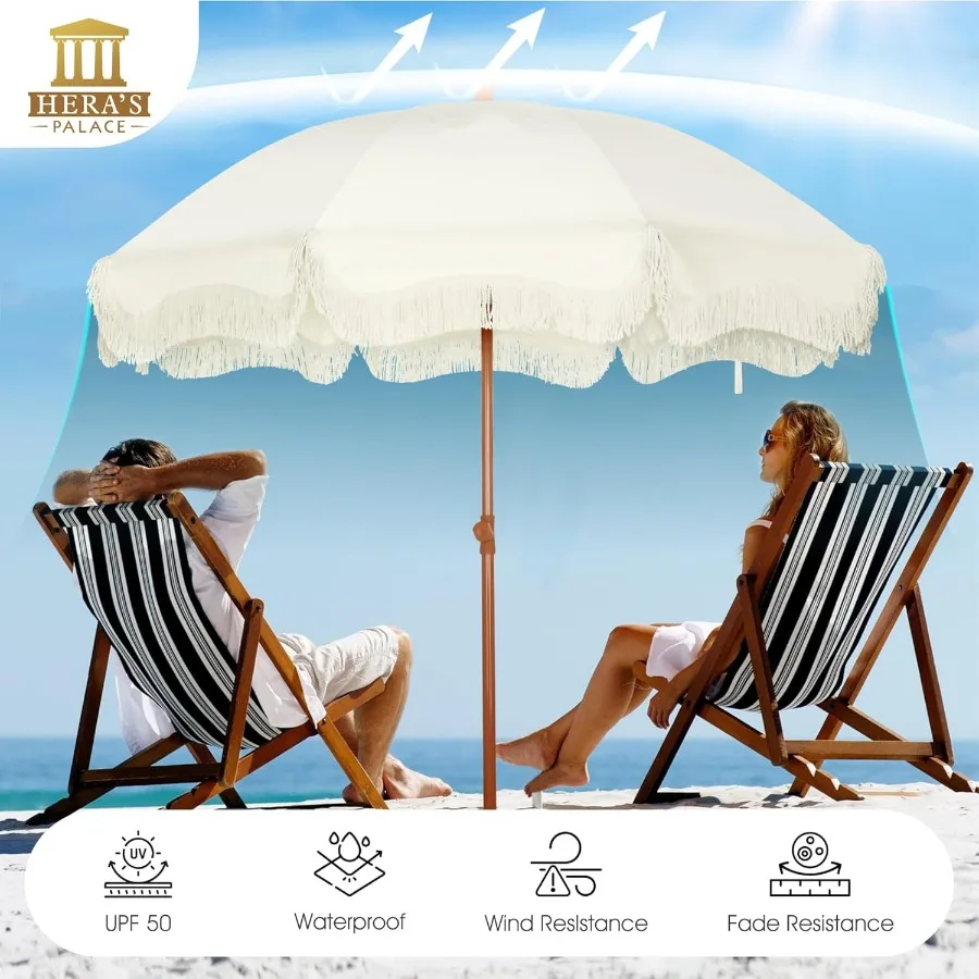 مظلة شاطئ شديدة التحمل بطول 7 أقدام مع مظلة هامشية مرساة رملية للأشعة فوق البنفسجية 50+ مظلة فناء مع عمود إمالة لحمام السباحة والحديقة